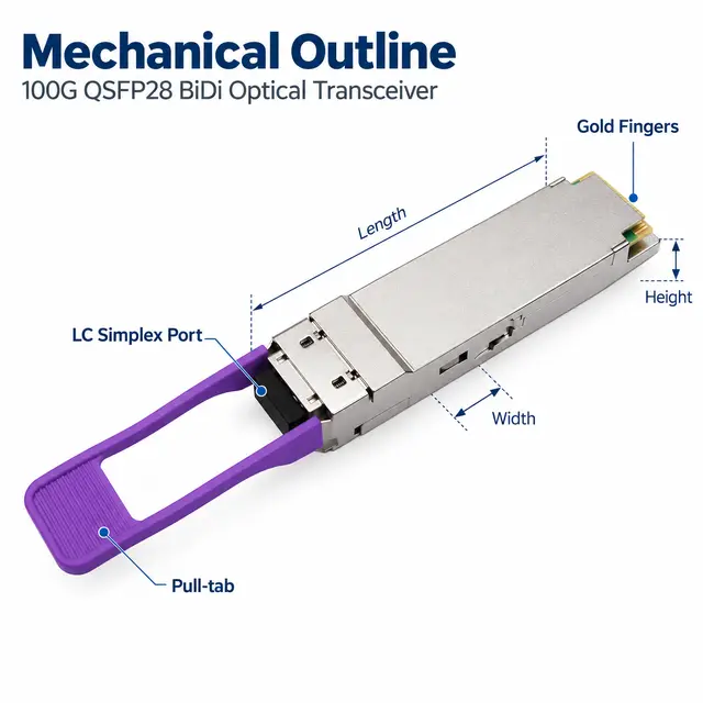 100G BiDi QSFP28 Single-Fiber Transceiver 1270/1330nm LC technical drawing 1: dimensions, structure and interfaces