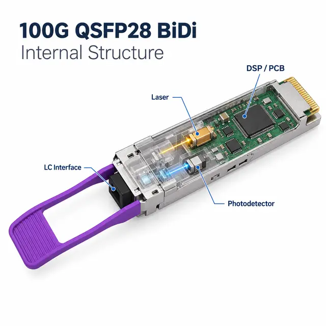 100G BiDi QSFP28 Single-Fiber Transceiver 1270/1330nm LC technical drawing 2: dimensions, structure and interfaces