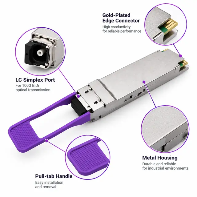 100G BiDi QSFP28 Single-Fiber Transceiver 1270/1330nm LC technical drawing 3: dimensions, structure and interfaces