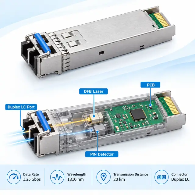 100% Compatible 1.25G SFP Module SM 1310nm 20km Duplex LC technical drawing 2: dimensions, structure and interfaces