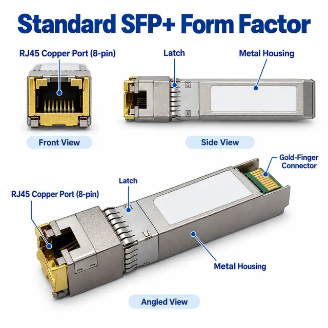 Factory-Direct 10G SFP+ Copper RJ45 10GBASE-T 100m technical drawing 1: dimensions, structure and interfaces