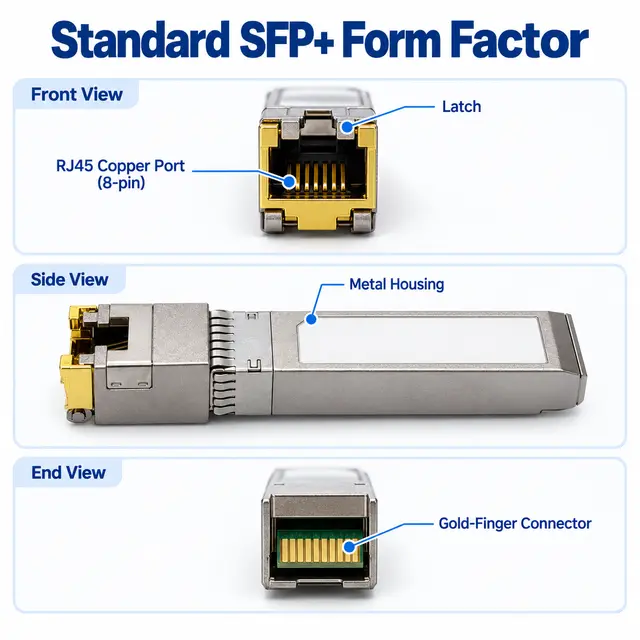 SFP+ 10GBASE-T Copper RJ45 30/80/100m Cat6a technical drawing 1: dimensions, structure and interfaces