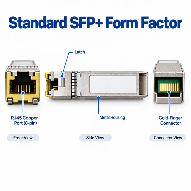OEM 10G SFP+ Copper RJ45 10GBASE-T 30/80/100m Cat6a/Cat7 technical drawing 1: dimensions, structure and interfaces