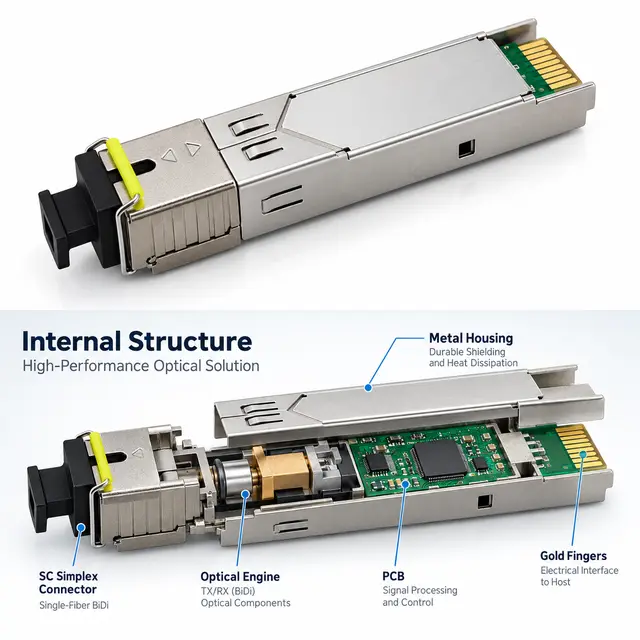 155M SFP BiDi Single-Mode Transceiver 1310/1550nm 20km SC technical drawing 2: dimensions, structure and interfaces