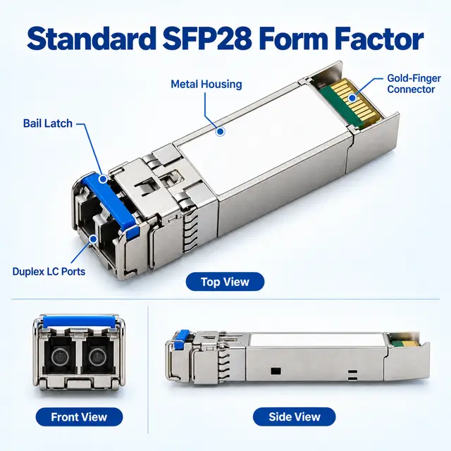 25G SFP28 ZR 1310nm 80km Single-Mode Duplex LC Long-Reach technical drawing 1: dimensions, structure and interfaces