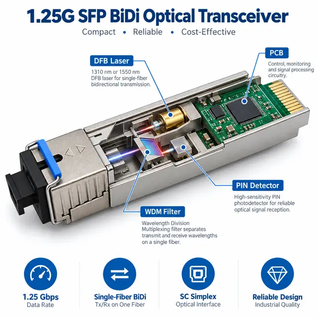 1.25G SFP Single-Fiber BiDi Transceiver 1310nm/1550nm SC technical drawing 2: dimensions, structure and interfaces