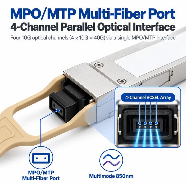 40GBASE-SR4 QSFP+ 850nm 100-150m Multimode MPO Transceiver - 850 nm technical drawing 2: dimensions, structure and interfaces
