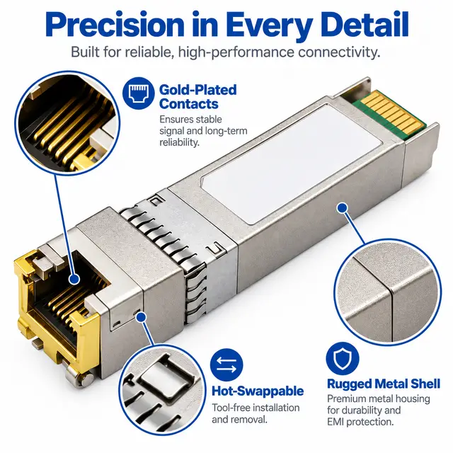 10G SFP+ Copper RJ45 10GBASE-T 100m Multi-Rate technical drawing 3: dimensions, structure and interfaces
