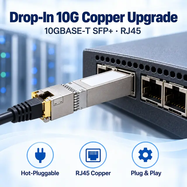 Drop-in 10G SFP+ Copper RJ45 10GBASE-T 100m — In a host switch 2
