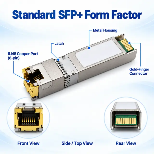 Drop-in 10G SFP+ Copper RJ45 10GBASE-T 100m technical drawing 1: dimensions, structure and interfaces