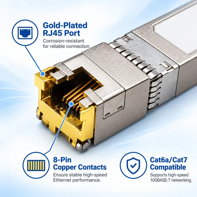 Drop-in 10G SFP+ Copper RJ45 10GBASE-T 100m technical drawing 2: dimensions, structure and interfaces