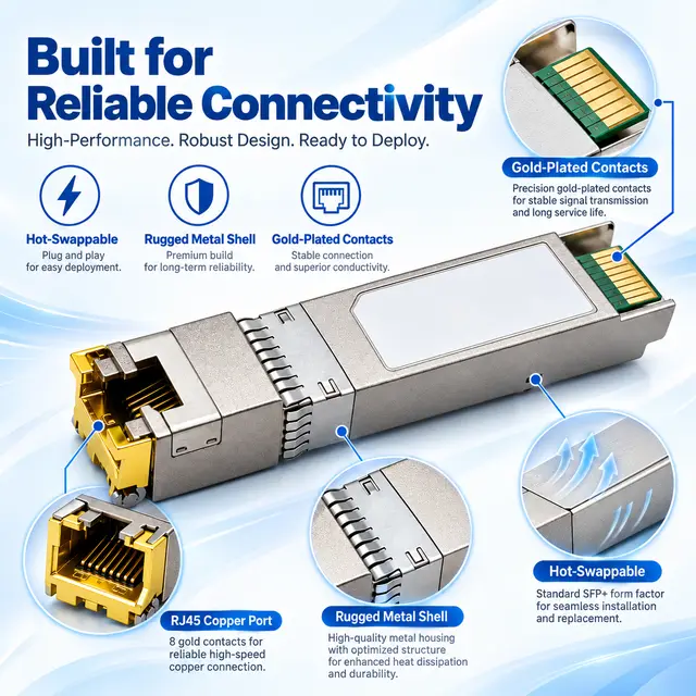 Drop-in 10G SFP+ Copper RJ45 10GBASE-T 100m technical drawing 3: dimensions, structure and interfaces