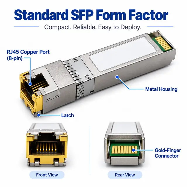Factory-Direct 1000BASE-T SFP Copper RJ45 Gigabit 100m technical drawing 1: dimensions, structure and interfaces