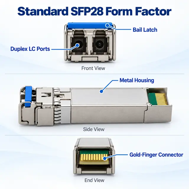 25G SFP28 SR 850nm 100m Multimode Duplex LC Transceiver — technical drawing 1: dimensions, structure and interfaces