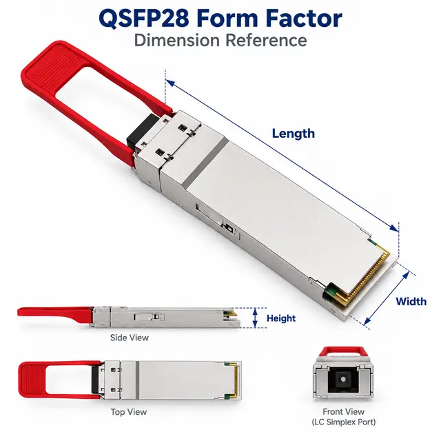 100G BiDi QSFP28 10km Simplex LC SMF Transceiver technical drawing 1: dimensions, structure and interfaces