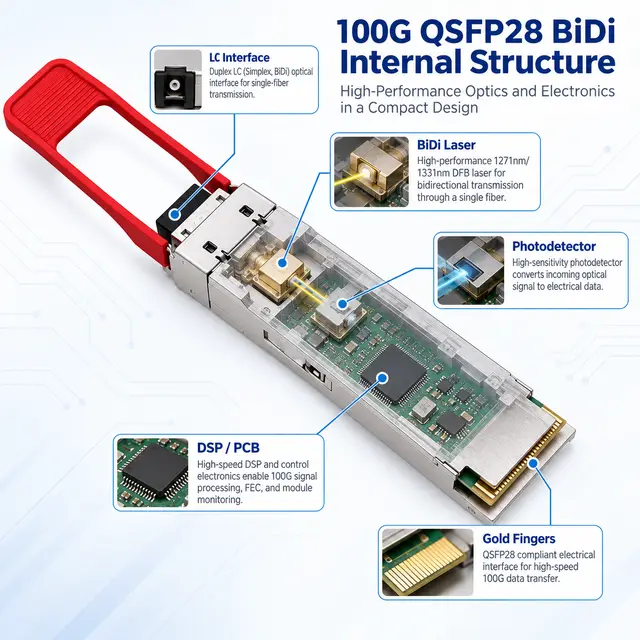 100G BiDi QSFP28 10km Simplex LC SMF Transceiver technical drawing 2: dimensions, structure and interfaces