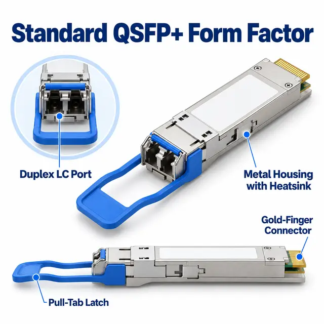 40G QSFP+ LR4 1310nm 10km Single-Mode Duplex LC - 1310 nm A technical drawing 1: dimensions, structure and interfaces