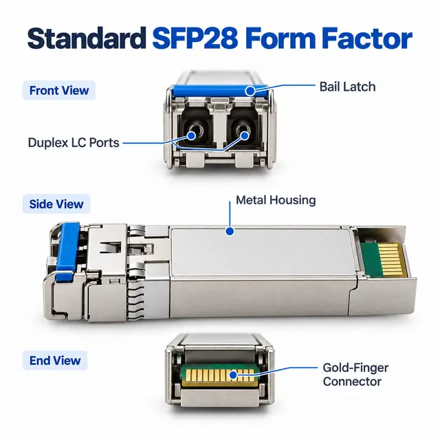 25G SFP28 SR 850nm 100m Multimode Duplex LC Transceiver technical drawing 1: dimensions, structure and interfaces