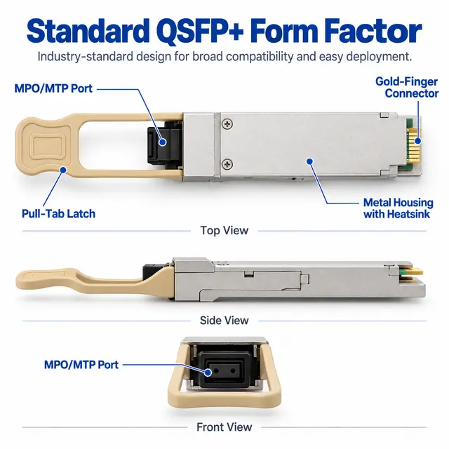 40G QSFP+ Optical Transceivers SR4 / LR4 / ER4 / ZR4 technical drawing 1: dimensions, structure and interfaces