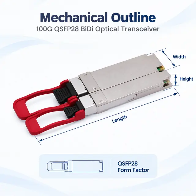 100G QSFP28 BiDi 1271/1331nm LC Single-Fiber Transceiver technical drawing 1: dimensions, structure and interfaces